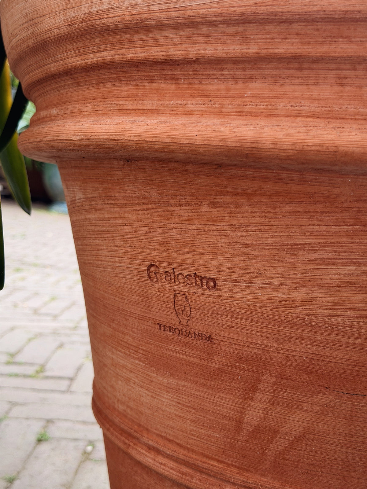 Close-up van het ingeperste Galestro Trequanda-stempel in de gestreken terracotta wand